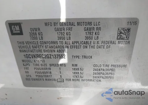 2016 Chevrolet Silverado 1500 2Lt z USA, uszkodzony, nr VIN 1GCVKREC2GZ137552